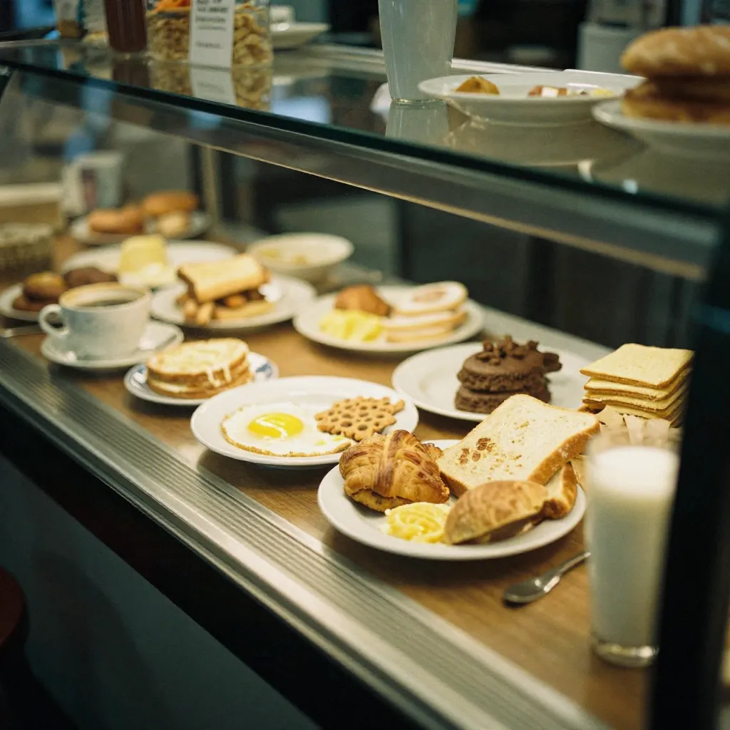 Bright café counter with plated morning dishes
